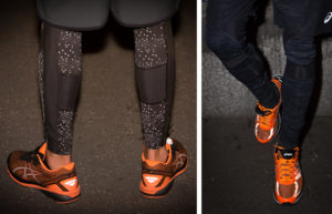 Laufkleidung: Schuhe und Hosen von Asics, welche reflektieren und im Winter für Sicherheit sorgen