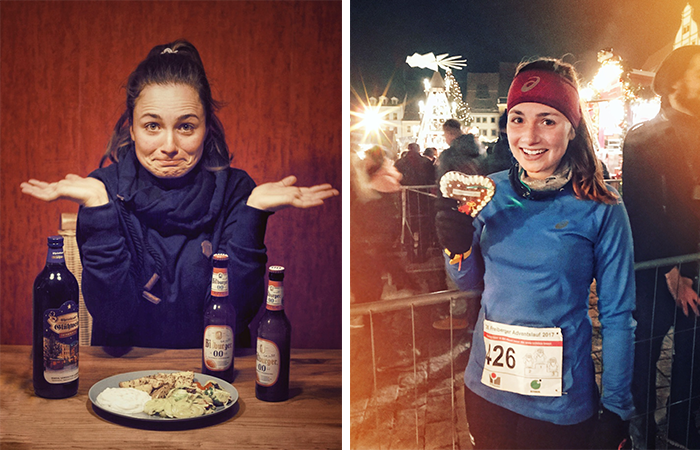 Frau isst und trinkt am Abend. Frau im Ziel mit Medaille. Weihnachtszeit
