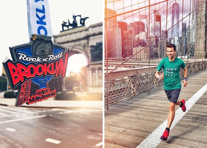 Der Brooklyn Halbmarathon in New York City, Brooklyn Bridge mit Läufer