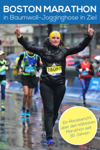 Zieleinlauf Boston Marathon, Boston Marathon 2018, Regenmarathon, Frau mit Jogginghose
