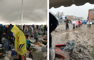 Zelt und Schlamm beim Boston Marathon, Athletendorf Marathon, Regen, Kälte